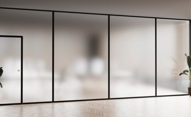 modern office with frosted glass walls mockup