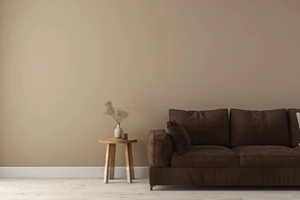 minimalist living room interior with brown sofa and neutral blank wall space