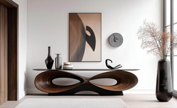 modern entryway with unique wooden console table vases and abstract art creating a stylish interior - Custom Wall Coverings