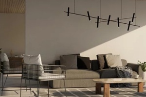 modern luxury resort villa lounge or living space exterior with couch, stylish pendant, and decor