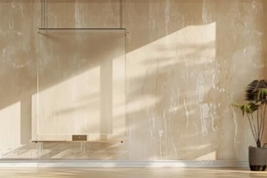 warm beige wallpapered wall design with a modern acrylic LCD rack in a minimalist office