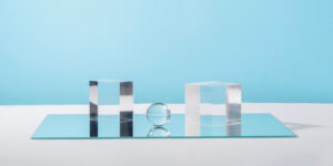 cosmetic display glass podium platform with stylish props for product presentation