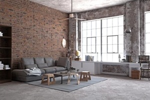 industrial loft with brick walls, large windows