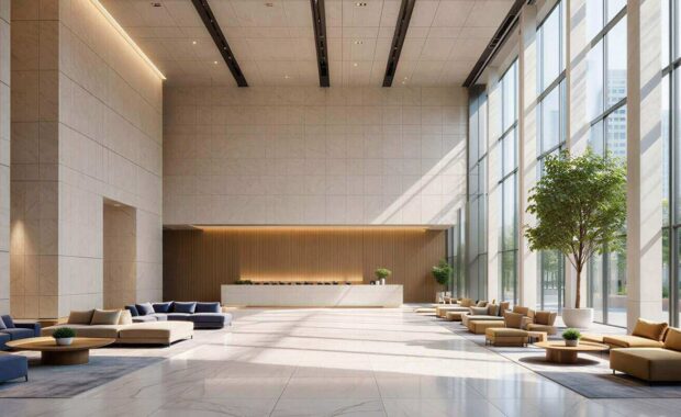 luxurious and spacious office lobby with comfortable seating and modern reception desk