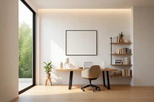modern home office with large window and minimal decor