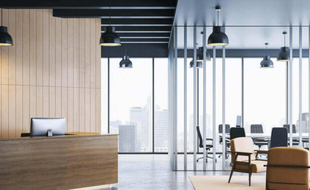 modern office reception area with wooden desk, open workspace