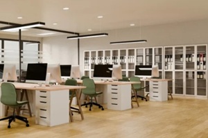 modern open plan office interior workstation and meeting room panorama view
