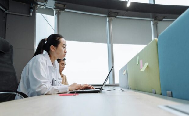 professionals working on laptops in a modern office setting with natural light