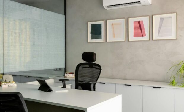 office space with a sleek desk and modern decor, perfect for a professional setting