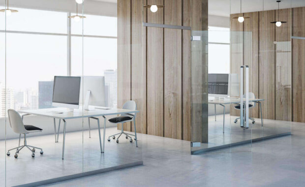 side view on modern spacious coworking office with wooden wall partitions