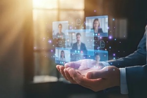 businessman holding holographic video conference call with diverse team members on virtual meeting platform for remote work collaboration