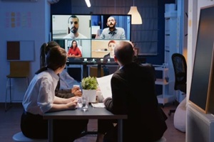 multi ethnic businesspeople brainstorming company ideas during online videocall conference meeting discussing with remote teamwork