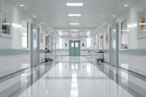 clean bright hospital ward corridor, tidy medical passage interior for healthcare facility backdrop