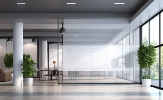 contemporary office corridor interior with mock up white billboard, glass doors