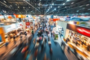 dynamic business expo with a lively trade show floor featuring bustling crowds and vibrant booths