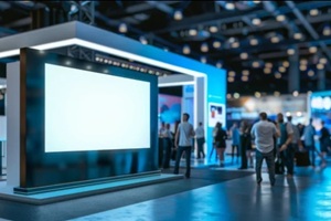 exhibition stand kiosk mockup at trade show, corporate branding