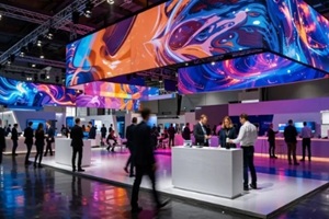 futuristic trade show exhibition with LED screens digital art display modern technology business event space
