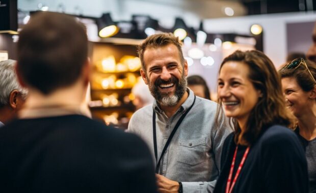 laughing staff or participant people group listening to a startup business owner at a trade show exhibition event
