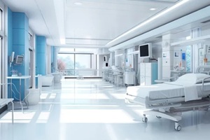 long corridor with medical bed in modern hospital