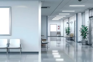 mockup of an empty white poster on the wall in modern hospital waiting room with comfortable chairs and medical equipment