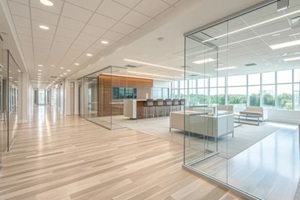 modern and simple office design, glass walls and open spaces