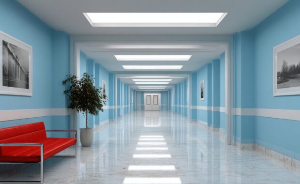 modern empty hospital corridor with blue walls and a red leather sofa