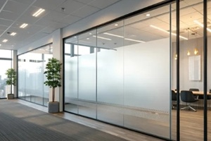 modern office hallway with glass walls and frosted privacy screens