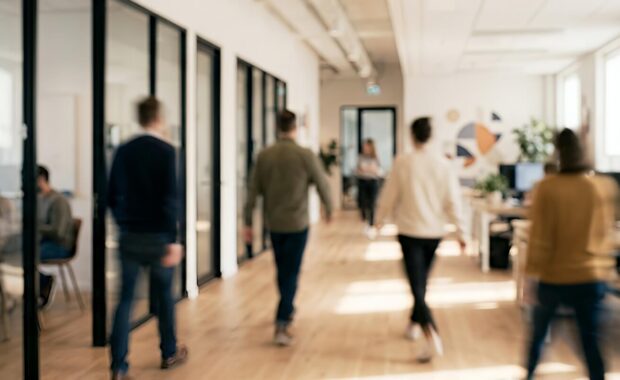 group of people walking through a modern office corridor with glass partitions, showcasing a collaborative work environment and natural light