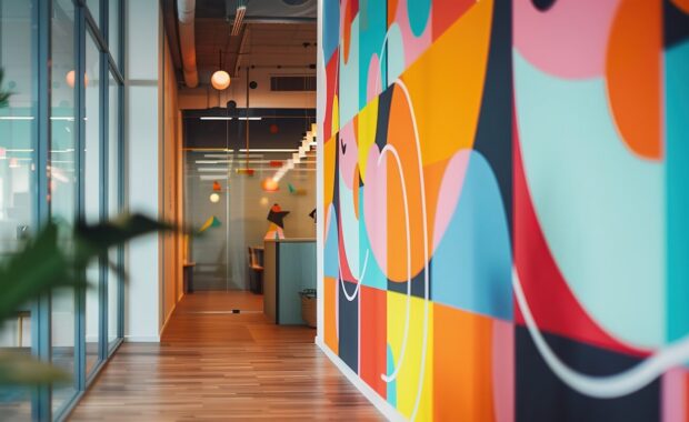 modern office hallway with vibrant abstract wall art